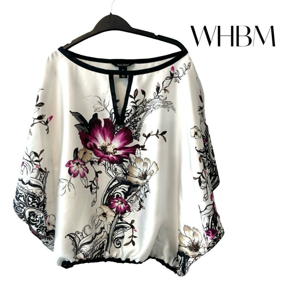 WHBM White/Black Pink Floral Batwing Kimono Blouse Sz XS EUC